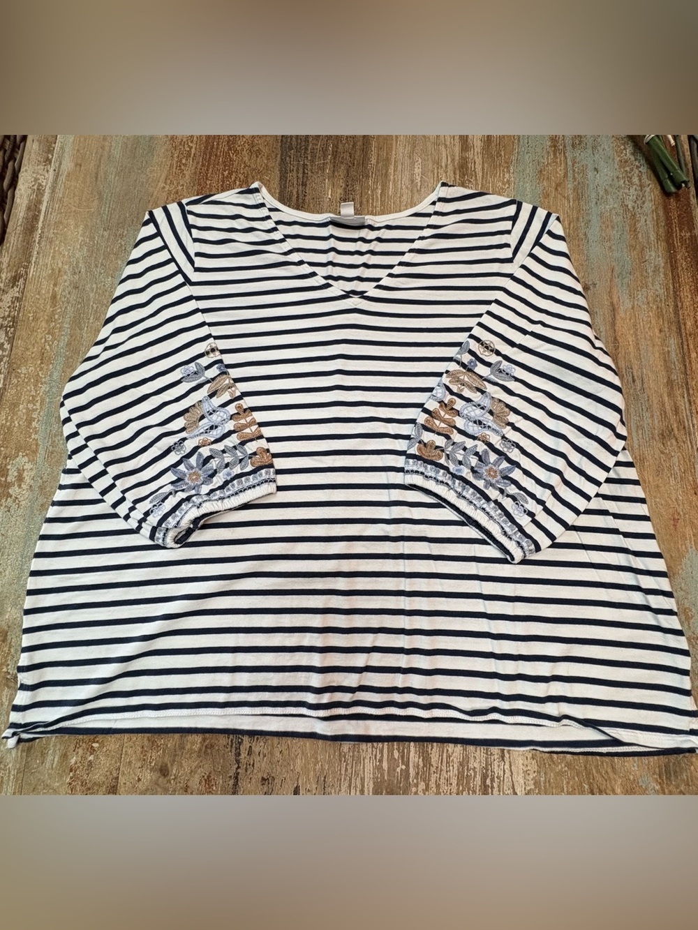 J. Jill White & Navy Striped V-Neck Top with Embroidered Puff Sleeves